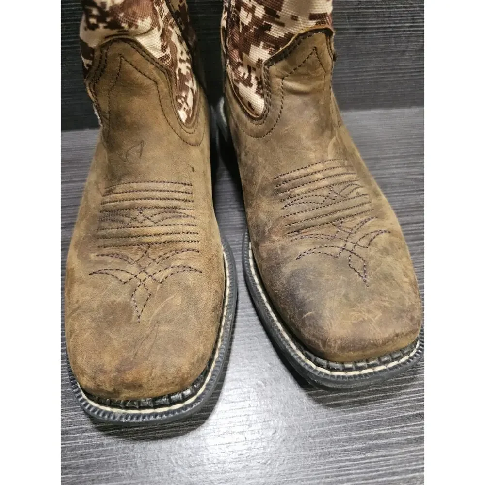 Old West Kids Cowboy Boots Brown Camo Leather Square Toe Size 11 D